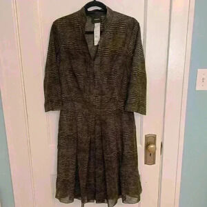 Akris Brown Black Pattern Cotton Pleated Midi Dress, Womens Size 10